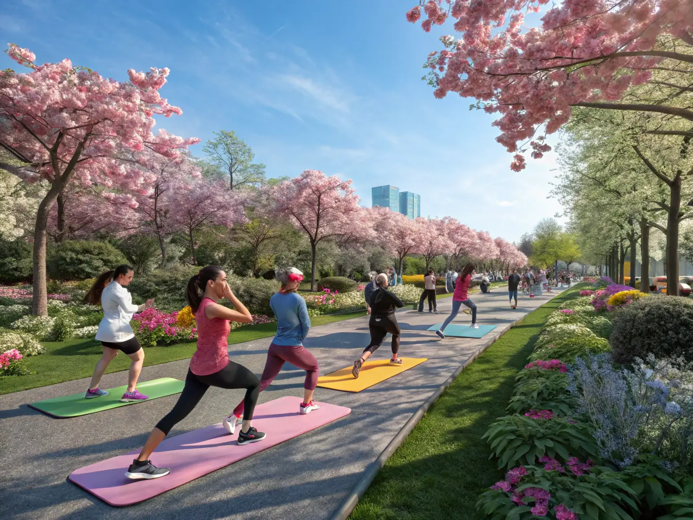 A community gathering outdoors, with people engaging in mindful movement and nature appreciation activities, fostering a sense of connection and well-being.