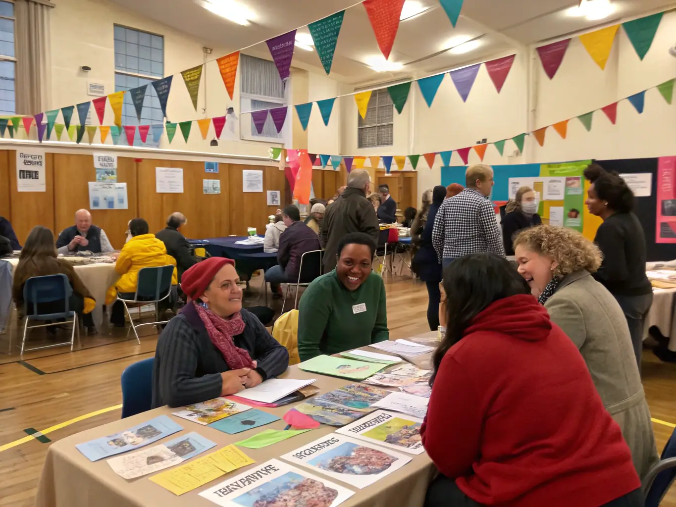 A vibrant image of a community gathering during one of 2 MAINS' awareness events, showcasing diverse participants interacting and learning about Reiki.