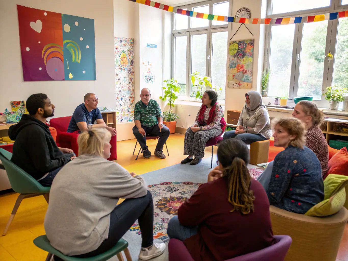 A diverse group of individuals engaged in a lively discussion during a 2 MAINS event, representing community connection and knowledge exchange.