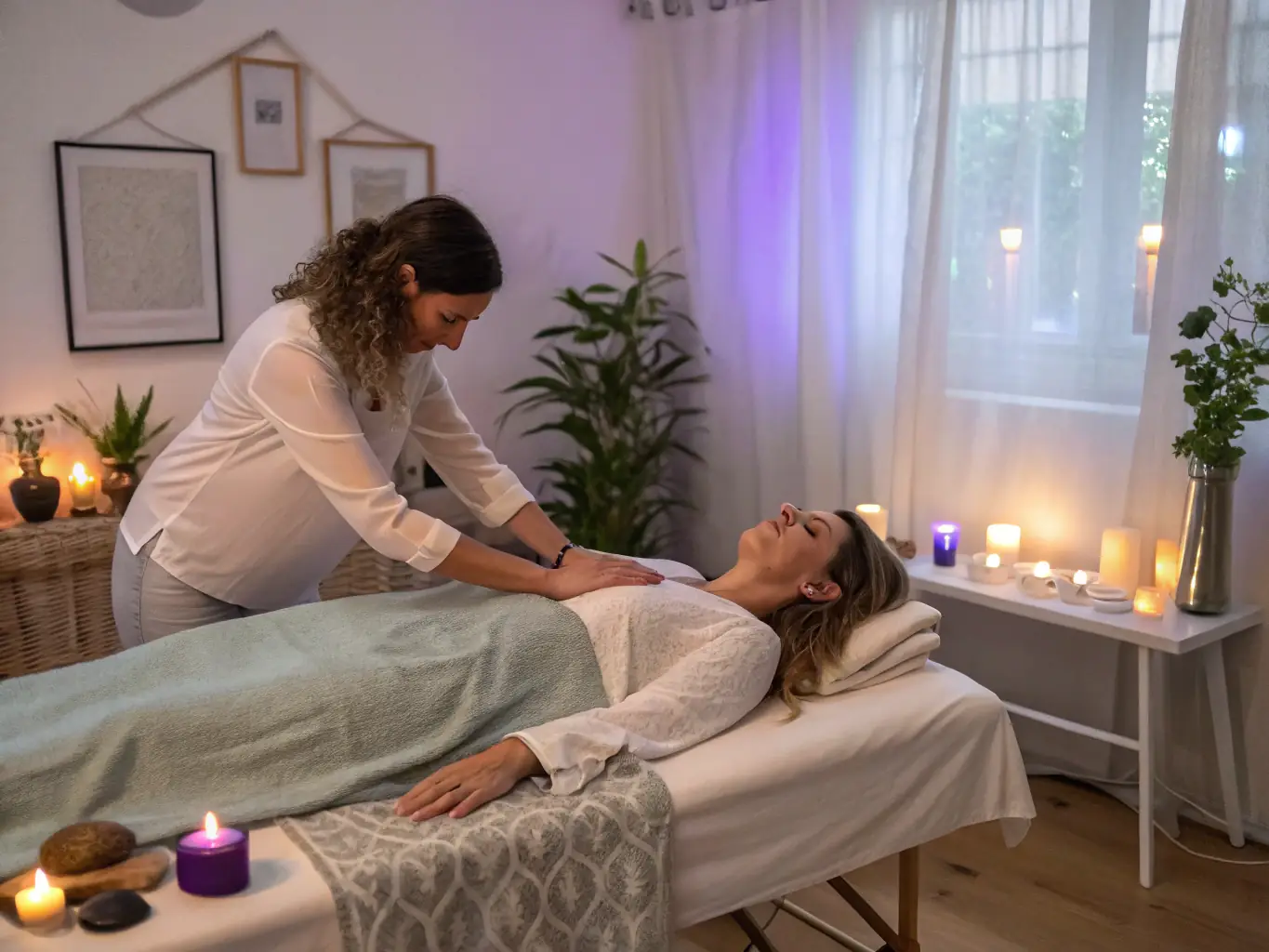 A group of people participating in a Reiki workshop, focusing on hands-on healing techniques and energy flow, set in a serene and supportive environment.