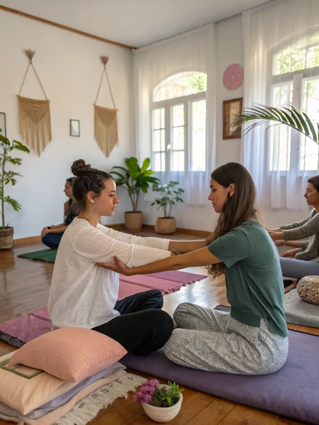 A serene image of a Reiki master guiding a group of students through a meditation session, emphasizing relaxation and mindfulness.