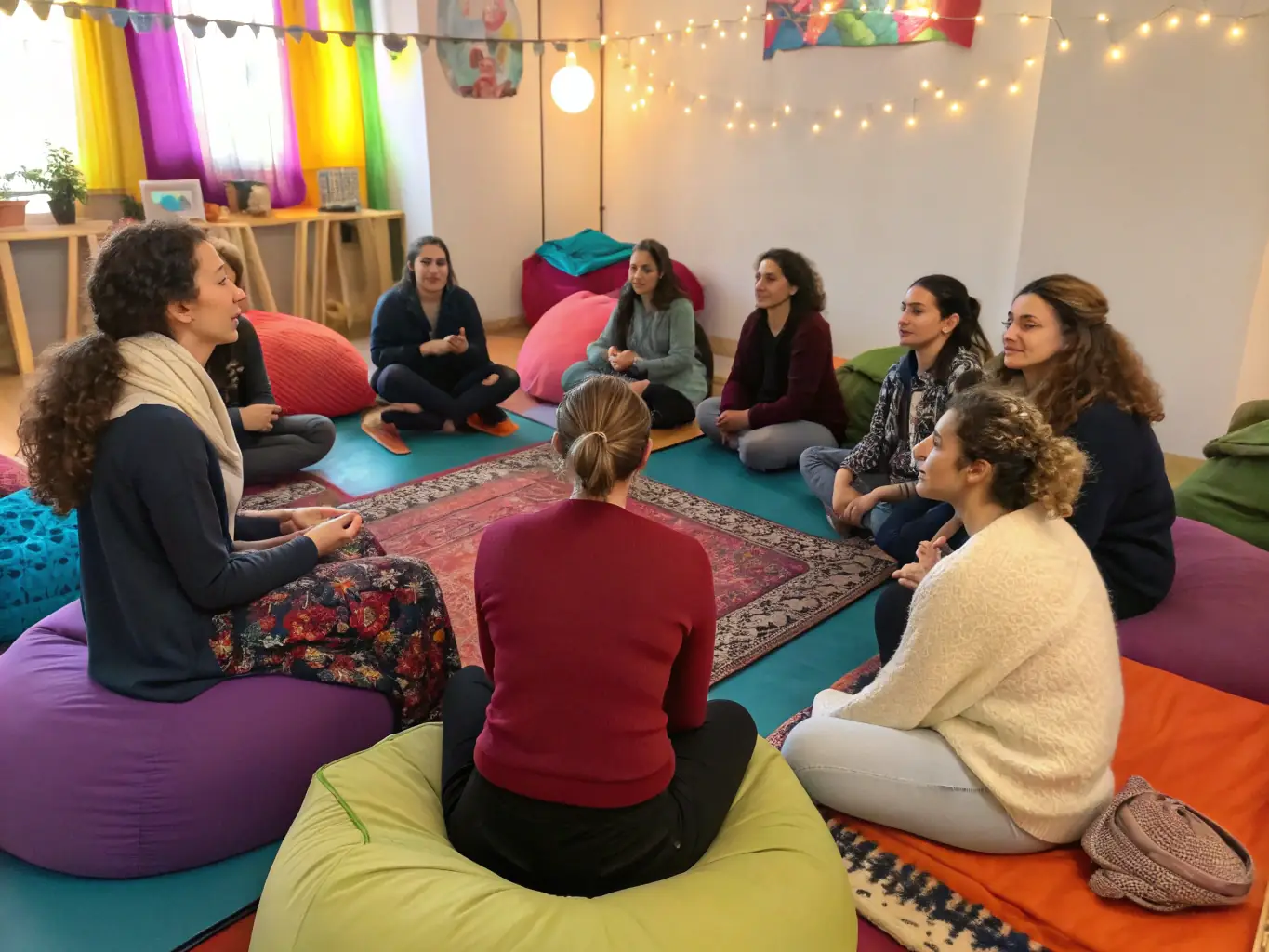 A group of people smiling and practicing Reiki together in a bright, welcoming space, symbolizing community and shared well-being.
