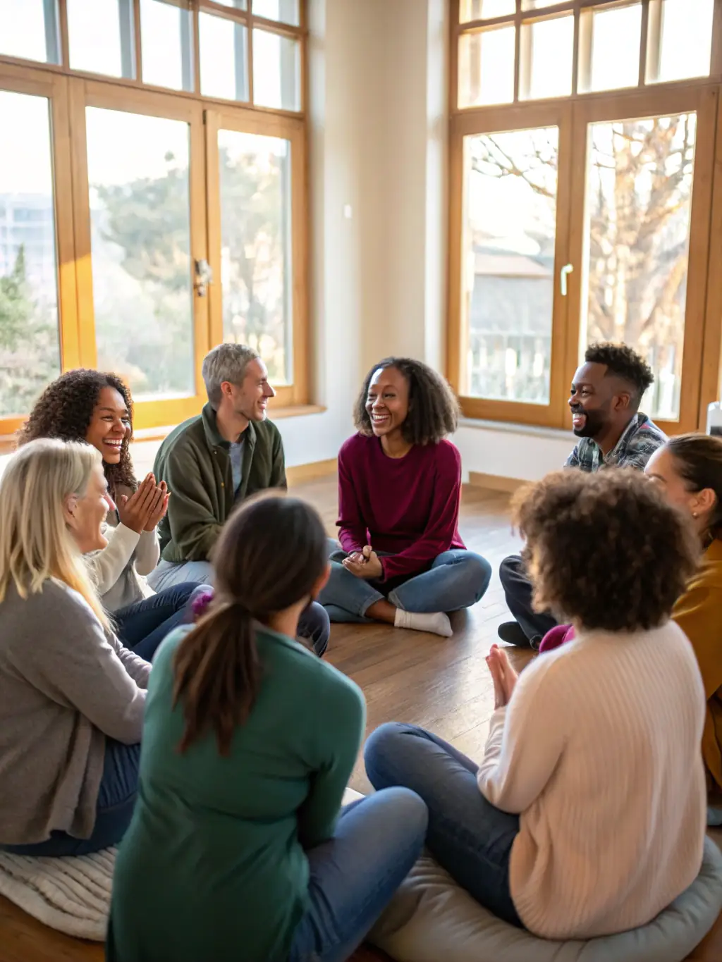 A vibrant photo of a community gathering, with people of all ages and backgrounds participating in a Reiki information session.