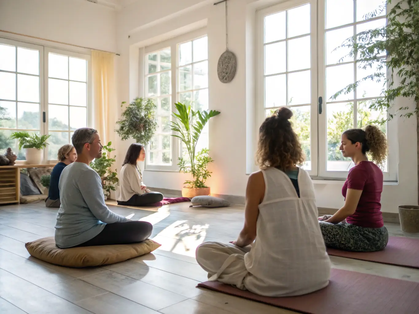A group of participants engaging in a guided meditation session during a Reiki workshop, set in a serene and peaceful environment with soft lighting and calming colors.