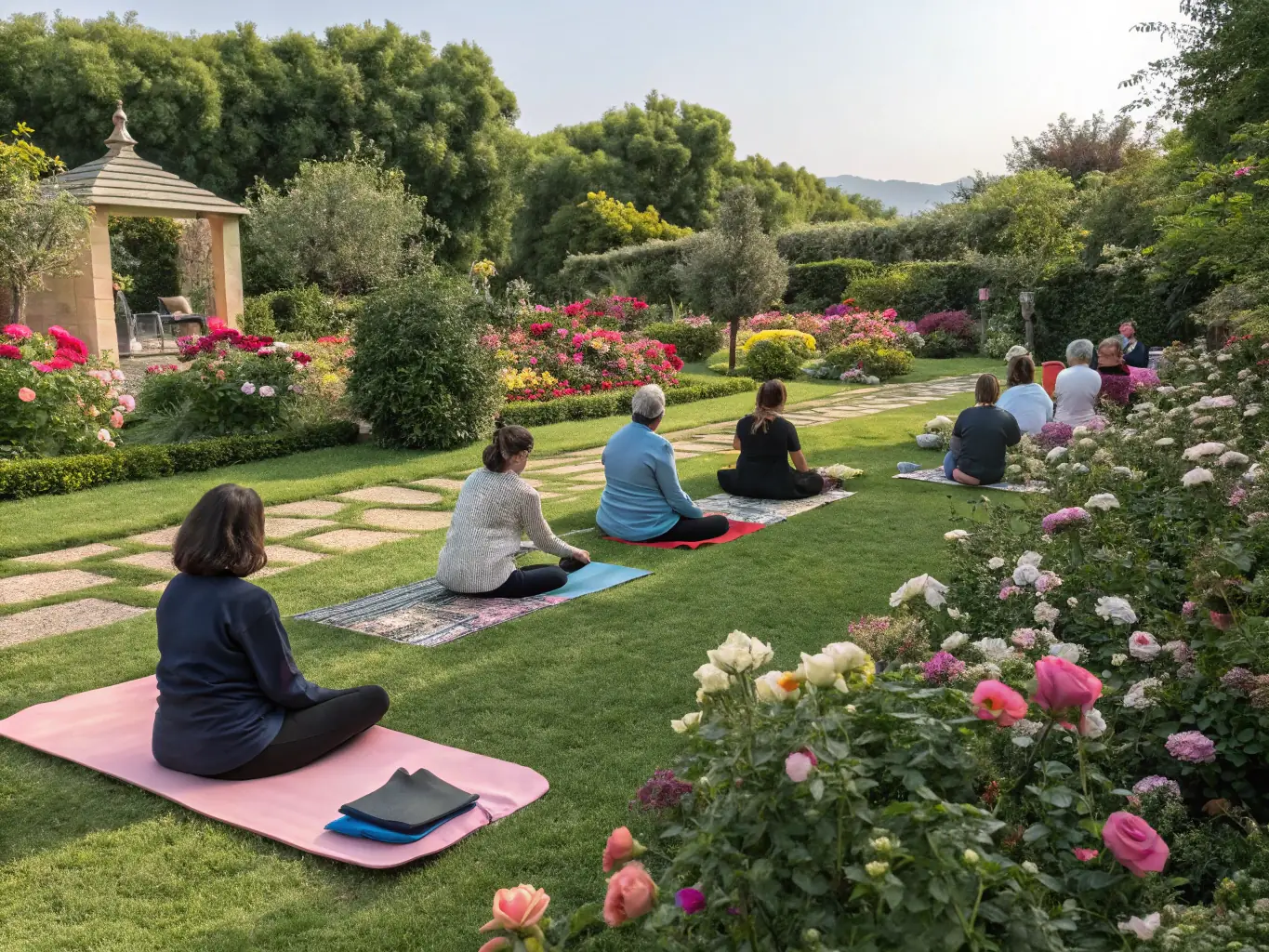 A serene meditation session with participants practicing mindfulness and deep breathing exercises, guided by an experienced instructor in a peaceful setting.